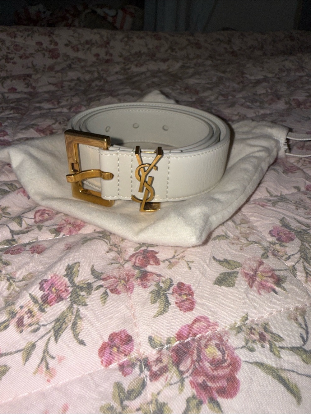 Saint Laurent Cream Leather Belt with Gold YSL Buckle